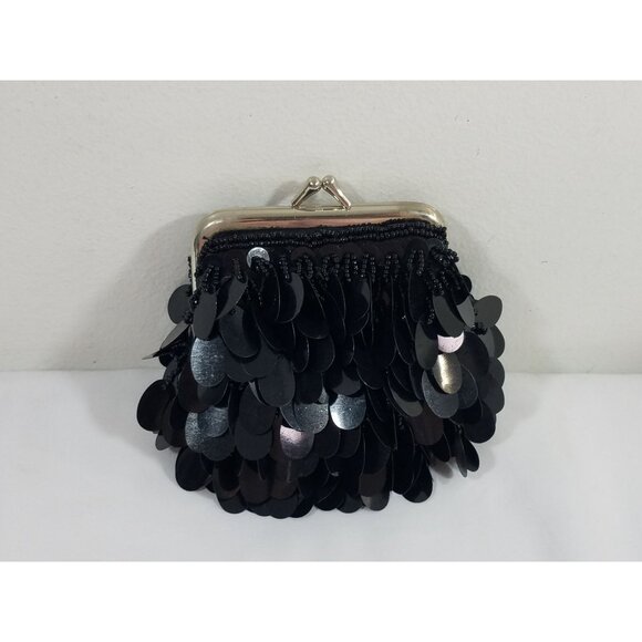 Sequined Change Purse 4" Black with large sequins and beads - Picture 2 of 6